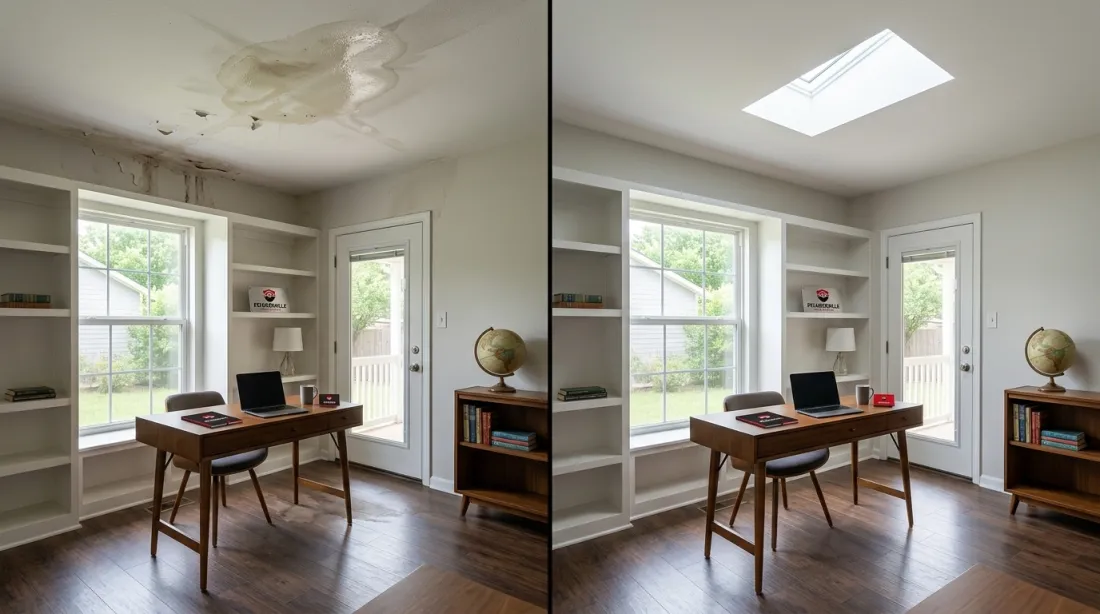 Before and after: water-stained ceiling repaired and finished with a new skylight