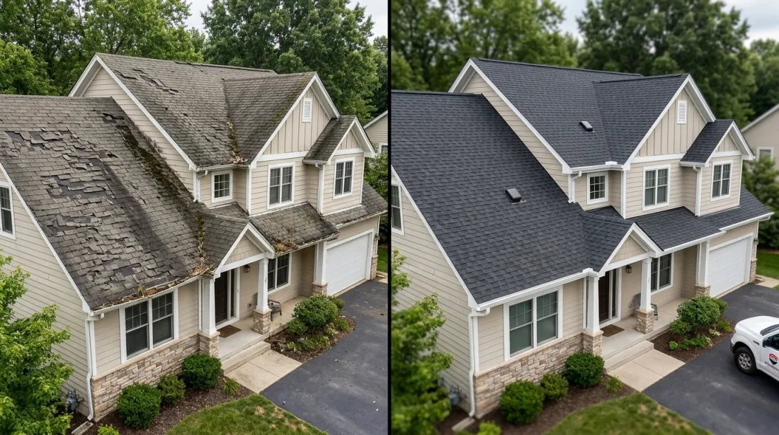 Before and after: aged residential shingle roof replaced with a new roof