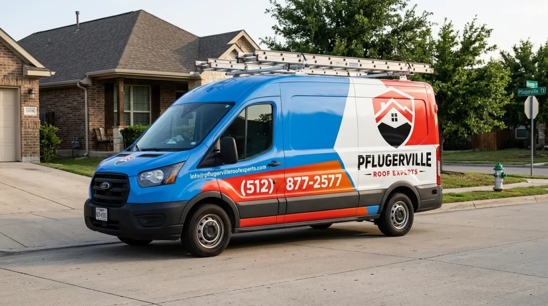 Pflugerville Roof Experts van arriving at a home for gutter work