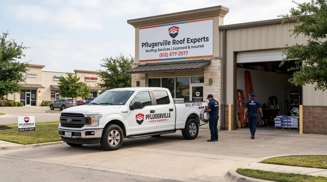 Pflugerville Roof Experts office and branded service truck in Pflugerville, TX