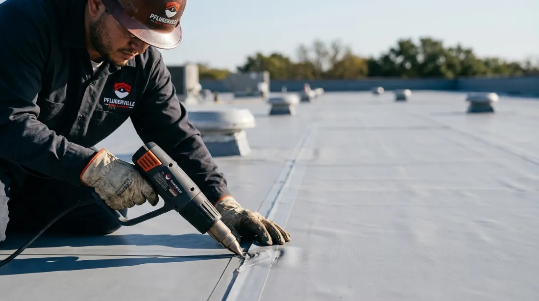 Technician heat-welding a flat roof membrane seam