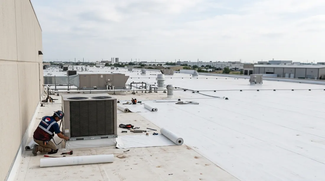 Technician servicing rooftop ventilation equipment