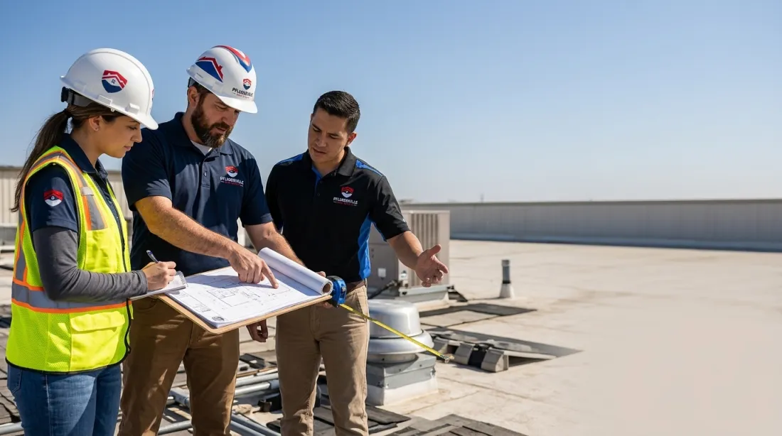 Inspectors reviewing a roof plan on site