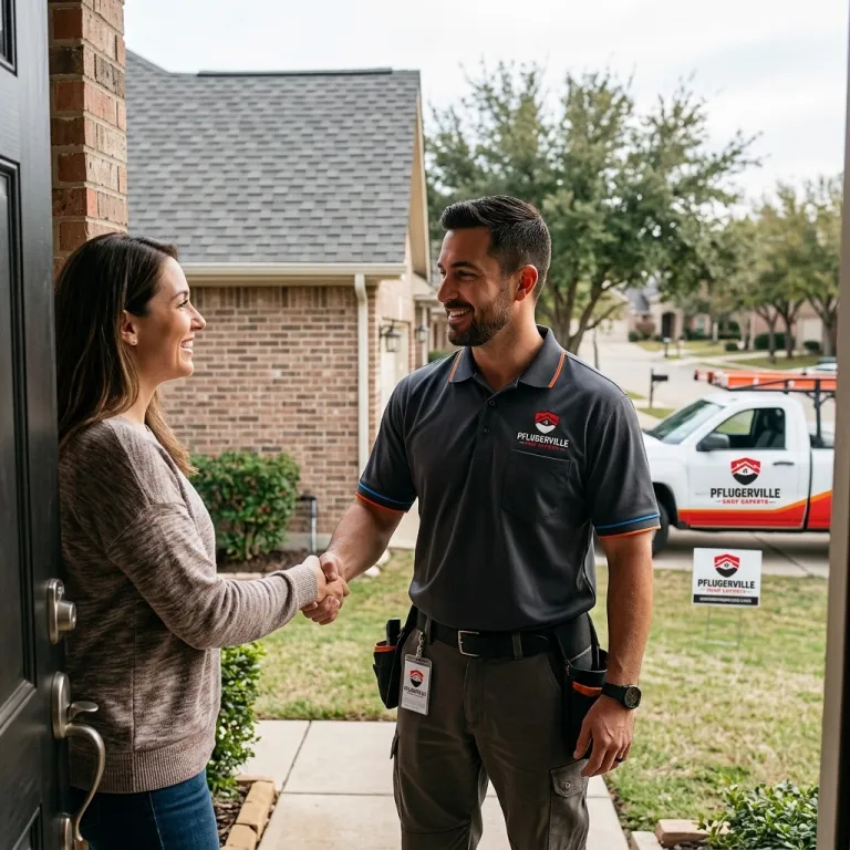 Pflugerville Roof Experts technician shaking hands with a homeowner