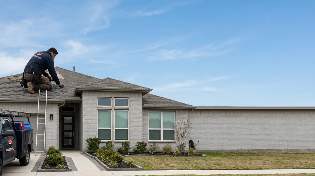 Roofing professional on a ladder at a Pflugerville home