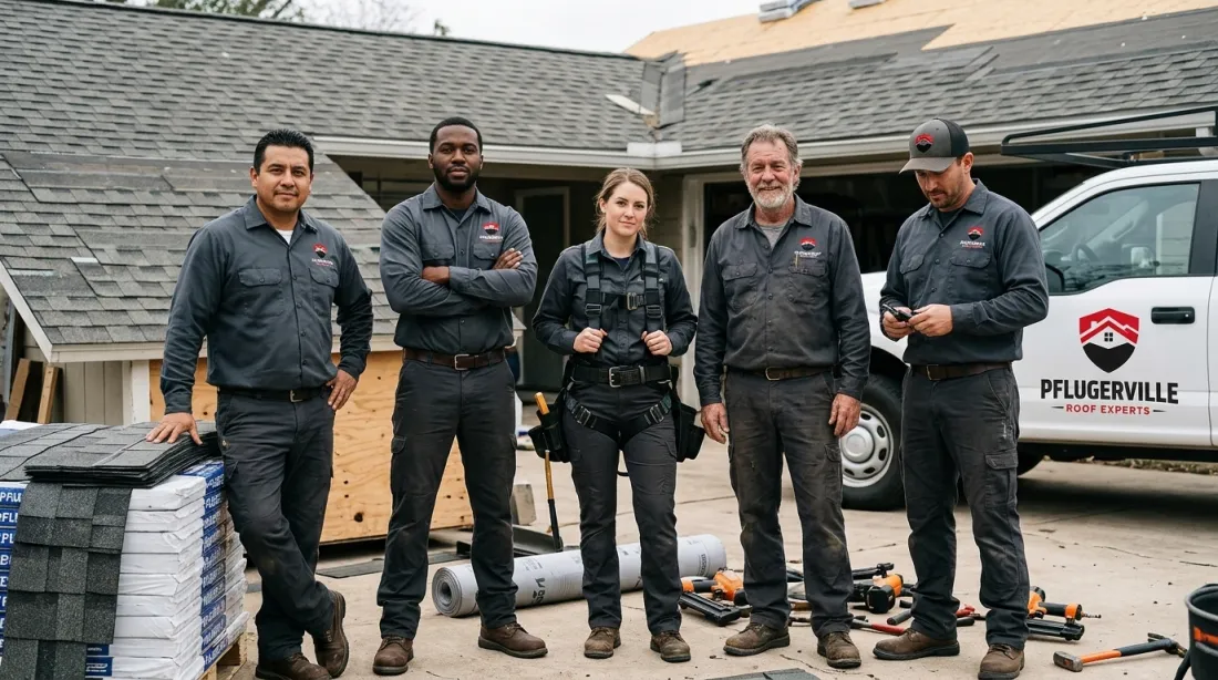 Pflugerville Roof Experts roofing crew standing in front of a home roof replacement project